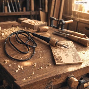 May include: A wood burning tool with a black handle and a cork grip, featuring a long black power cord. The tool rests on a wooden surface next to a rectangular piece of wood with an intricate etched design, surrounded by scattered wood shavings.