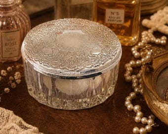 Vintage Silver‑Plated Vanity Powder Box | Ornate Floral Lid Trinket Box | Cut‑Glass Dresser Jar for Jewelry & Keepsakes | Elegant Bathroom