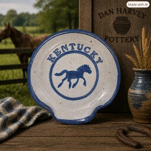 Peut inclure: Un repose-cuillère rond en céramique blanc cassé avec une finition mouchetée et un bord bleu. Le centre présente un motif bleu de cheval au galop entouré du texte KENTUCKY en lettres bleues. L'objet possède une encoche pour le manche.
