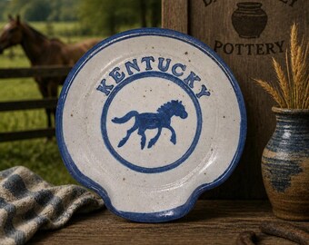 Dan Harvey Pottery Kentucky Horse Spoon Rest Plate or Trinket Dish | Handmade Salt Glazed Stoneware Dish | Blue Border Equestrian Art 