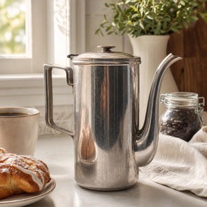 May include: A tall, cylindrical silver-toned metal coffee pot featuring a flat lid with a small knob handle, a long curved spout, and a rectangular handle. The surface of the metal pot shows a polished finish with subtle signs of wear and light reflections.