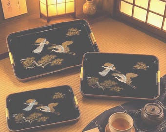 Japanese Lacquer Nesting Tray Set with Crane and Pine Design | Vintage 1970s Decorative Serving Tray | Hand‑Painted | Japanese Home Décor