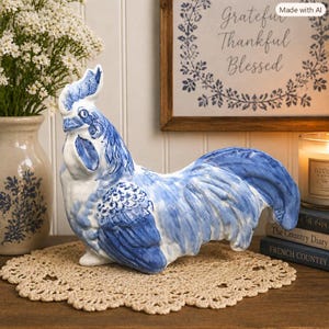 May include: A ceramic rooster figurine featuring a white base with intricate blue hand-painted details. The rooster is depicted in a resting position with a prominent comb, textured wing feathers, and a flowing tail, showcasing a classic blue and white color palette.