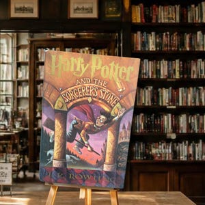 May include: A hardback book titled Harry Potter and the Sorcerer's Stone by J.K. Rowling. The cover features a colourful illustration of a young person with glasses flying on a broomstick through a stone archway, with a unicorn visible in the background.