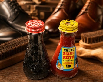 Vintage Esquire Scuff Kote Shoe Polish Bottle | Retro Colorful Bottle Decor | Collectible Mid‑Century Shoe Care | Brushless Liquid Polish