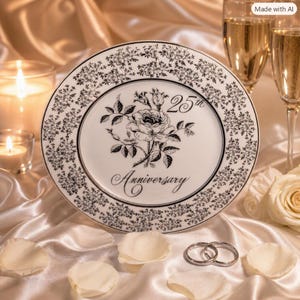 May include: A white ceramic plate featuring a black floral border and a central illustration of a rose with the text 25th Anniversary. The plate has a thin black circular line accenting the inner rim, contrasting with the detailed botanical design.