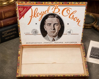 Floyd B. Olson Vintage Wooden Cigar Box | Historic Political Memorabilia | Collector Display Piece | Wood & Paper Ephemera | 1930s Governor