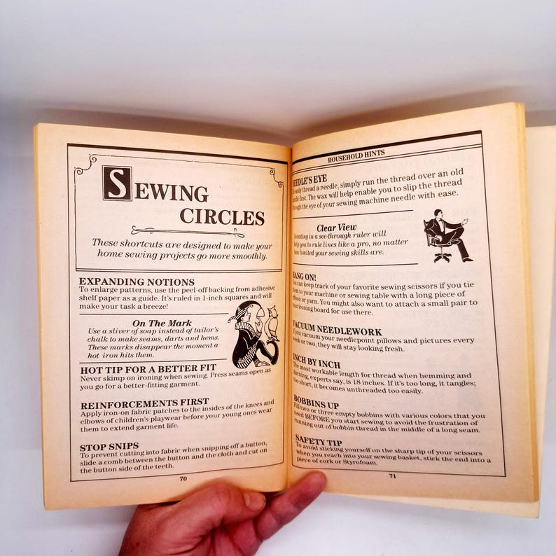 May include: Open book with sewing tips. The left page has the title "Sewing Circles" and tips on expanding notions and reinforcing garments. The right page has tips on threading needles and using rulers. The pages are yellowed.