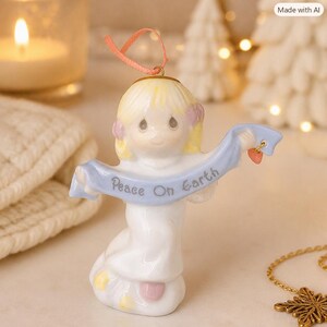 Vintage Precious Moments Avon Angel Ornament – Peace On Earth Banner & Pink Heart – Holiday Figurine Keepsake