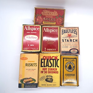 Vintage Spice & Starch Containers: Farris, Schilling, Beham&#39;s, Scowcroft&#39;s