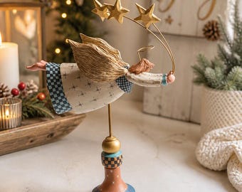 Williraye Flying Angel Studio Millennium Angel | Rustic Holiday Decor | Limited Edition Collectible | Hand‑Painted Folk Art Figurine