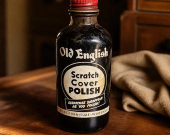 Vintage Old English Scratch Cover Polish | Retro Wood Repair Bottle | Mid‑Century Home Care Decor | Dark Wood Scratch Fix