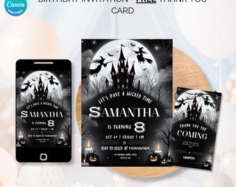 Witch Birthday Invitation, Spooky Halloween Party, Editable Template (PDF)