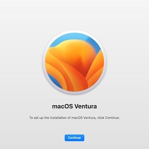 May include: A blue and orange icon of a stylized flower with the text "macOS Ventura" and the button "Continue" on a white background. To set up the installation of macOS Ventura, click Continue.