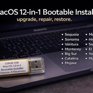 May include: A gold 128GB USB flash drive labeled macOS 12-in-1 Bootable Installer. The text lists macOS versions from Sequoia to Mavericks. The drive is positioned on a laptop keyboard, with text above stating macOS 12-in-1 Bootable Installer.