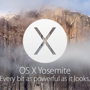 May include: A white circle with a gray "X" inside, set against a blurred background of a mountain and fog. The text "OS X Yosemite" and "Every bit as powerful as it looks" are below the circle.
