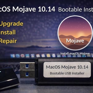 May include: A black USB flash drive labeled MacOS Mojave 10.14 Bootable USB Installer with a detached cap. The text on the drive indicates its function for upgrade, install, and repair, featuring the Mojave desert graphic icon.