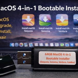 May include: A black 64GB USB flash drive labeled MacOS 4-in-1 Bootable Installer for Sequoia, Sonoma, Ventura, and Catalina. The drive includes a removable cap and is displayed in front of a screen showing the installer software icons.