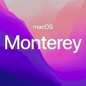May include: A digital graphic with a gradient background of purple, pink, and orange hues. The word "macOS" is at the top, with "Monterey" in large white letters below, representing a software update.