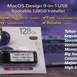 May include: A 128GB USB flash drive for MacOS, labeled "MacOS Design 9-in-1 USB Bootable Installer." The packaging highlights features like secure installation and compatibility with various MacOS versions, including Tahoe, Sequoia, and Sonoma.