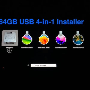 May include: A digital screen display titled 64GB USB 4-in-1 Installer showing a Macintosh HD icon and four macOS installation options: Sonoma, Ventura, Monterey, and Big Sur, each with a downward arrow icon and a Choose Network menu bar.