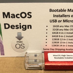 May include: A red USB drive with a clear plastic cap, labeled "MacOS High Sierra Bootable Installer," sits in front of a card with "MacOS Design" and "Bootable MacOS Installers" text. The card lists installer sizes.