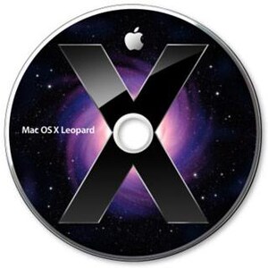 May include: A silver-edged CD with a black "X" design over a purple and blue galaxy background. The Apple logo is at the top, and the text "Mac OS X Leopard" is on the left side. The center has a white circle.
