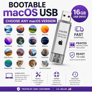 May include: A silver 16GB USB drive labeled macOS BOOTABLE INSTALLER with an Apple logo. The graphic displays various macOS versions from Tahoe to Snow Leopard, listing compatibility with MacBook, iMac, Mac mini, Mac Pro, and Mac Studio devices.