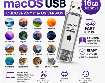 Programme d'installation USB amorçable pour macOS | Récupération et réparation Mac USB | Réinstaller ou mettre à niveau le MacBook | Choisissez n'importe quelle version de macOS | Disque de démarrage | 16 Go | 32 Go
