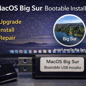May include: A black USB drive with the text "MacOS Big Sur Bootable USB Installer" is displayed. The image also includes the words "Upgrade", "Install", and "Repair". A small black USB cover is on the left.