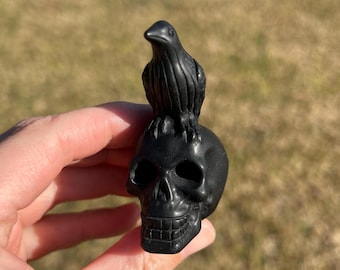 Obsidian Skull and Raven Crystal Carving, Halloween Decorations, Healing Crystal for Home Decor