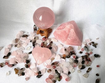 Rose Quartz Lover's Bundle Crystal Gift Set, Valentines Day Gift box, Crystal Sphere, Free Form, Carving and Chips