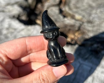 Obsidian Witch Cat Crystal Carving, Halloween Decorations, Healing Crystal for Home Decor