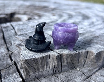 WITCH BUNDLE, Purple Lepidolite Witch Cauldron and  Obsidian Witch Hat Crystal Carving, Halloween Decor, Healing Crystal for Home Decor