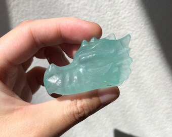 RARE Baja Blast Fluorite Crystal Dragon Head Carving Teal Green Fluorite Dragon Healing Crystal Home Decor