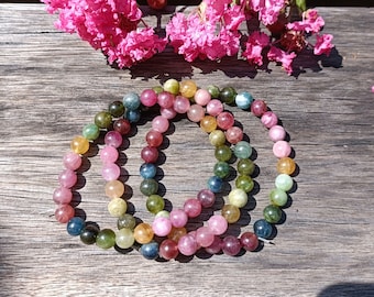 Watermelon Tourmaline Crystal Bracelet (6 mm) High Quality Rainbow Gemstone Beaded Stretchy Bracelet Crystal gifts Jewellery