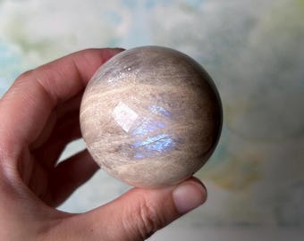 Blue Moonstone Crystal Sphere, Blue and Silver Flash Crystal Ball,  Healing Crystal for Home Decoration