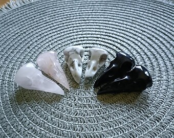 Small Raven Skull Crystal Carving  Bird Skull Healing Stone Home Decor Howlite, Obsidian, Rose Quartz