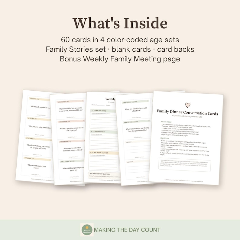 Family Dinner Conversation Cards Printable, 60 Questions by Age, Kids Teens Table Talk, Family Stories, Weekly Family Meeting PDF image 2