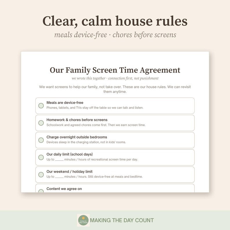 Family Screen Time Agreement Printable, Kids Screen Time Tracker & Rules, Earn Screen Time Chore Chart, Device Free Plan PDF image 3