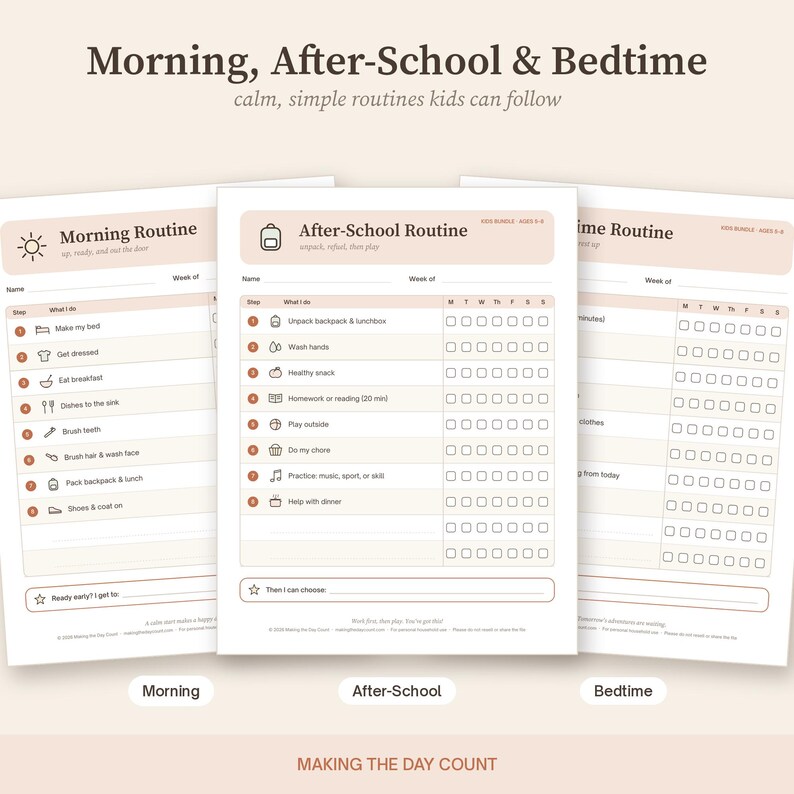 Tabla de tareas imprimible para niños de 5 a 8 años, tabla de rutinas infantiles, lista de verificación para la mañana después de la escuela y la hora de acostarse, horario visual, descarga instantánea. imagen 3