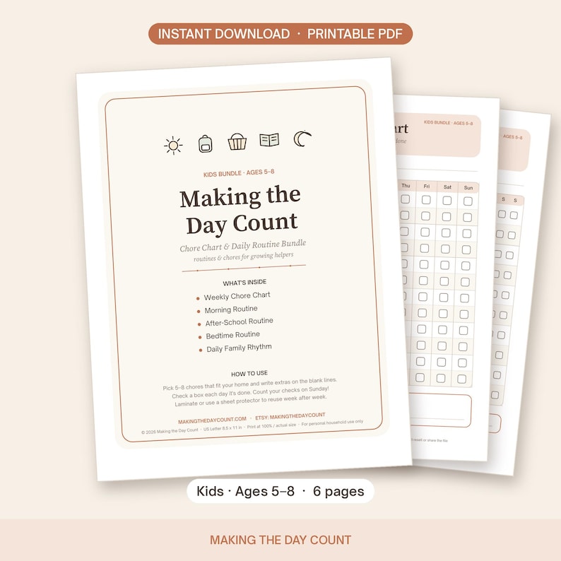 Tabla de tareas imprimible para niños de 5 a 8 años, tabla de rutinas infantiles, lista de verificación para la mañana después de la escuela y la hora de acostarse, horario visual, descarga instantánea. imagen 1