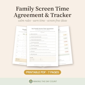 Family Screen Time Agreement Printable, Kids Screen Time Tracker & Rules, Earn Screen Time Chore Chart, Device Free Plan PDF image 1