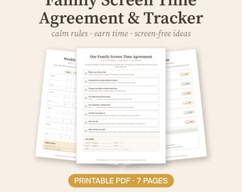 Family Screen Time Agreement Printable, Kids Screen Time Tracker & Rules, Earn Screen Time Chore Chart, Device Free Plan PDF