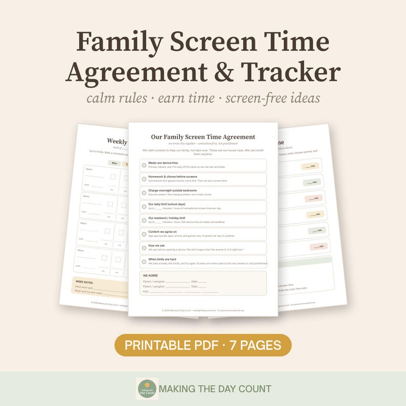 Family Screen Time Agreement Printable, Kids Screen Time Tracker & Rules, Earn Screen Time Chore Chart, Device Free Plan PDF image 1