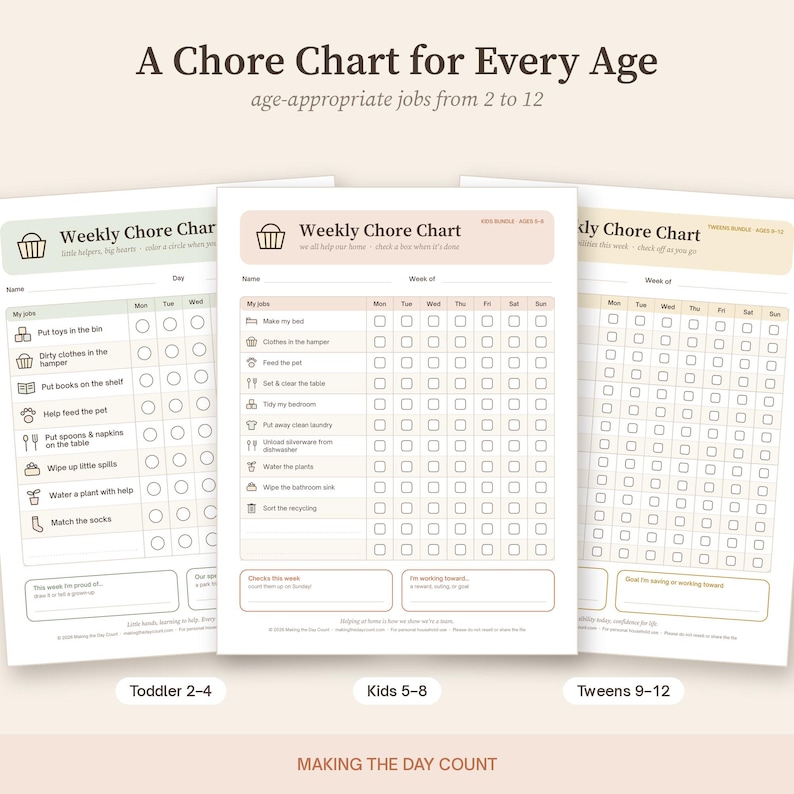 Printable Chore Chart Bundle Ages 2-12, Family Chore Chart Toddler Kids Tween, Visual Schedule, Morning Bedtime Routine Charts image 2