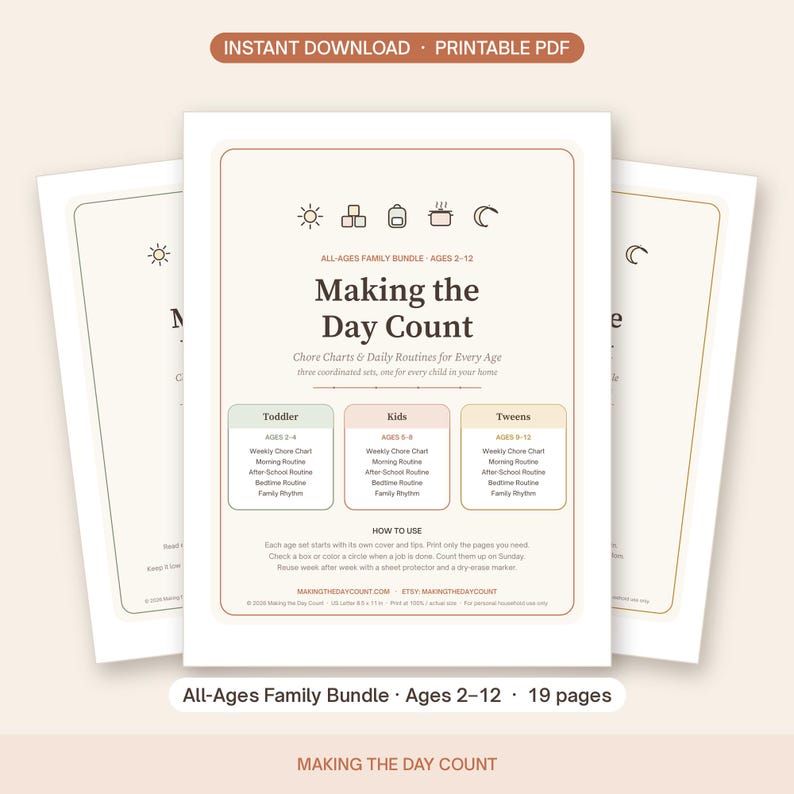 Printable Chore Chart Bundle Ages 2-12, Family Chore Chart Toddler Kids Tween, Visual Schedule, Morning Bedtime Routine Charts image 1