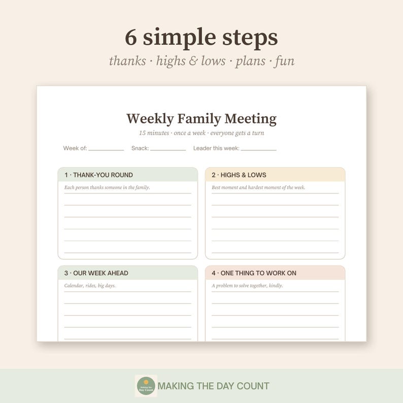 Family Meeting Planner Printable, Weekly Gratitude Chart for Kids, Family Values, Weekly Family Planner, Kindness Ideas, Instant PDF image 4