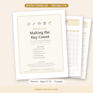 Printable Chore Chart for Tweens Ages 9-12, Allowance Chore Chart, Tween Routine Planner, Responsibility Checklist, Family Schedule PDF