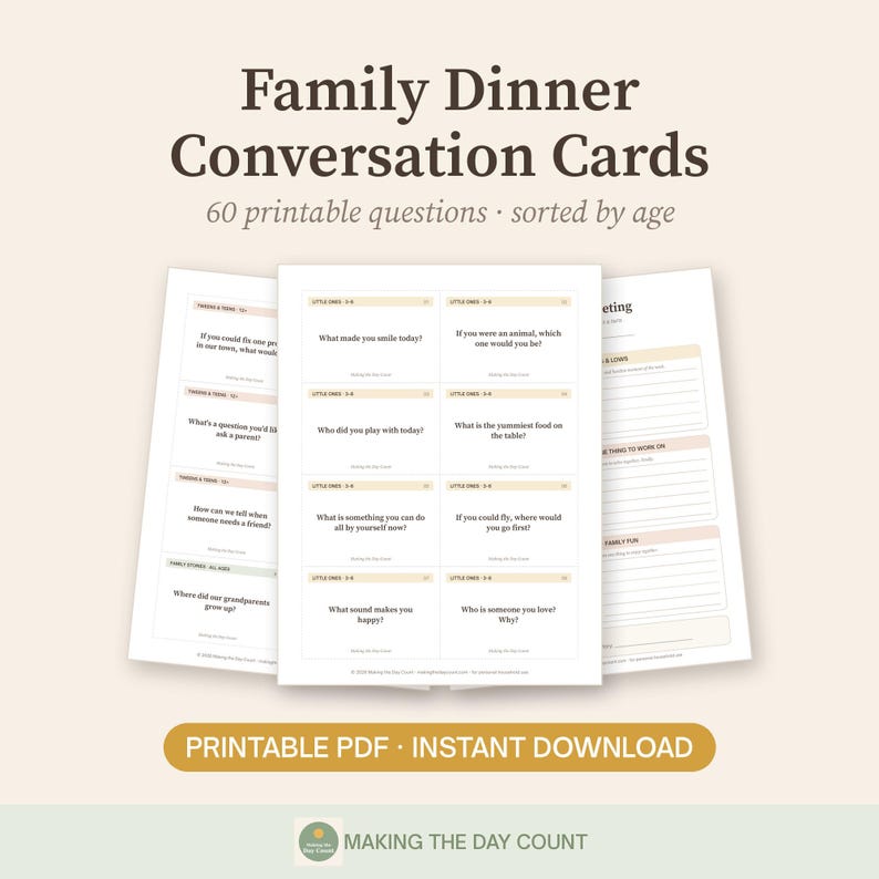 Family Dinner Conversation Cards Printable, 60 Questions by Age, Kids Teens Table Talk, Family Stories, Weekly Family Meeting PDF image 1